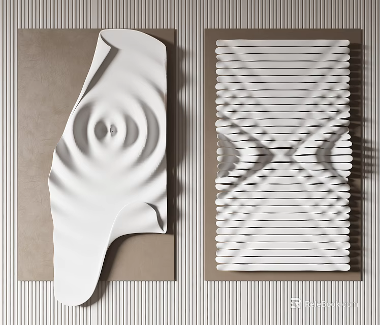 White Wall Decor With Organic Wave And Geometric Striped Patterns On Neutral Brown Background 3d model