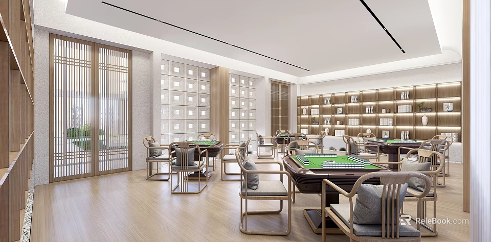 Elegant Modern Teahouse Interior With Wooden Tables Chairs Mahjong Tables Bookshelves And Natural Light 3d model 