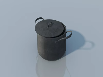 Black Cooking Pot With Lid And Two Handles On Light Blue Reflective Surface 3d model