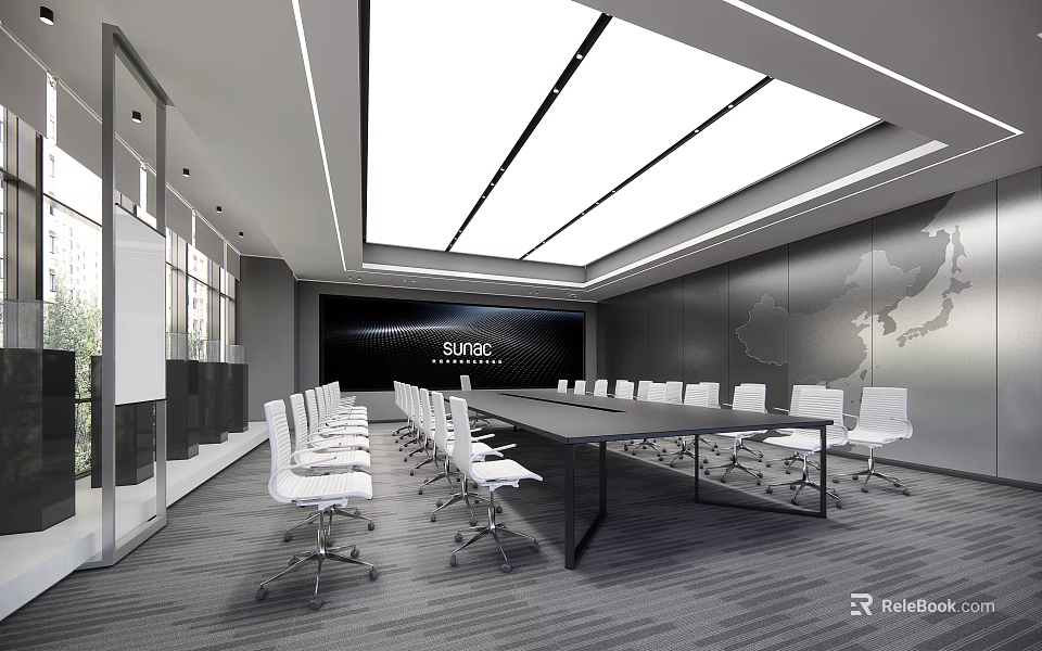 Modern Conference Room With Long Table White Chairs Ceiling Lighting And World Map Backdrop 3d model