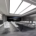 Modern Conference Room With Long Table White Chairs Ceiling Lighting And World Map Backdrop 3d model