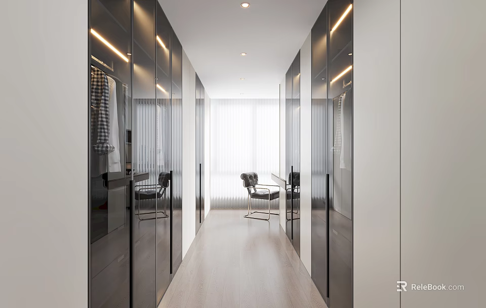 Modern Minimalist Walk In Closet With Black Cabinets Chair And Natural Light 3d model 