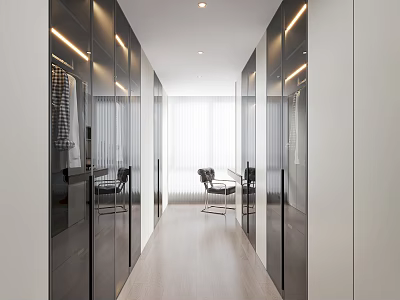 Modern Minimalist Walk In Closet With Black Cabinets Chair And Natural Light 3d model