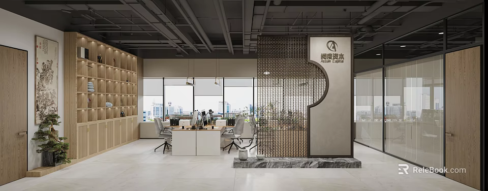 Modern Public Office Space Interior With Open Workstations Lattice Partition Wooden Bookshelves And Floor-to-Ceiling Windows 3d model 