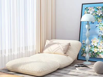 Cozy Ribbed Beige Lazy Sofa With Soft Pillow And Blue Floral Painting Near Table Lamp 3d model