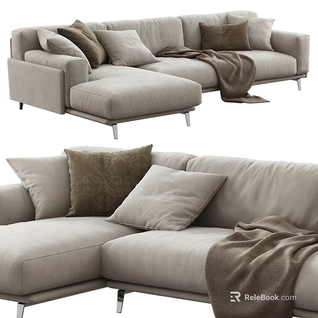 Light Gray Modern Sectional Sofa With Decorative Pillows And Brown Blanket 3d model 