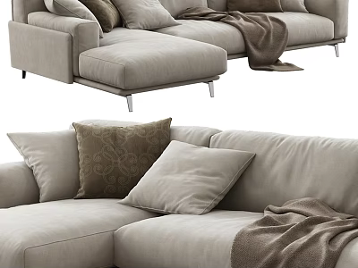 Light Gray Modern Sectional Sofa With Decorative Pillows And Brown Blanket 3d model