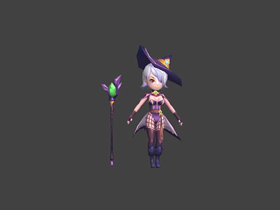 Game Movie Witch Character With White Hair Black Hat Purple Dress And Green Gem Staff 3d model