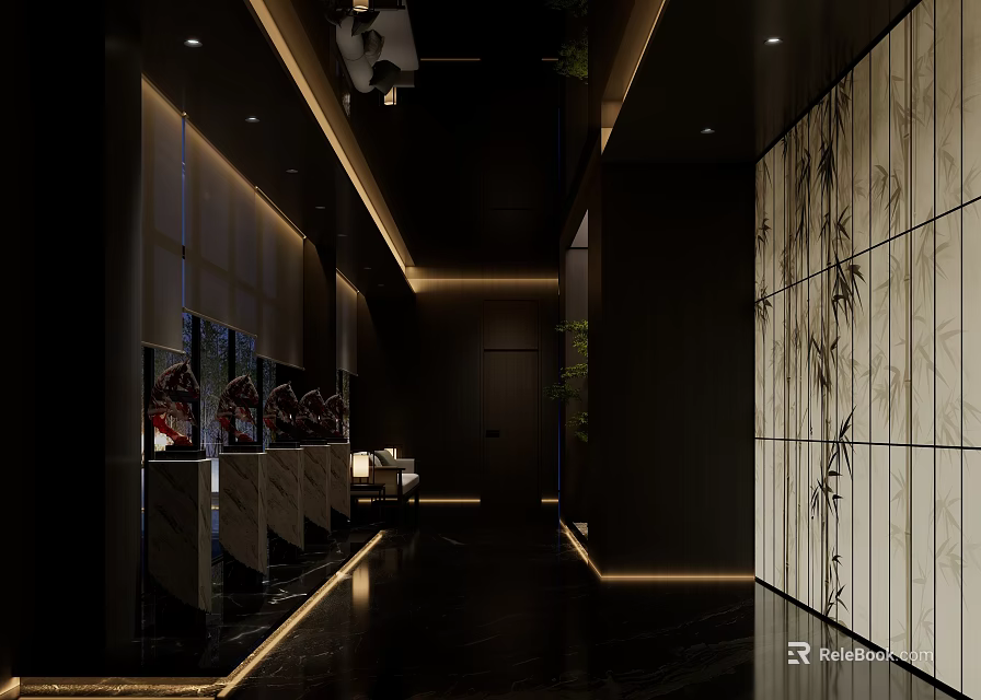 Modern Foot Massage Reception Area With Dark Walls Soft Lighting Marble Decor And Green Plants 3d model 