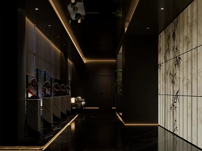 Modern Foot Massage Reception Area With Dark Walls Soft Lighting Marble Decor And Green Plants 3d model