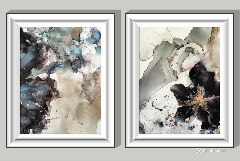 Ink Style Abstract Paintings With Blue Gray Beige Black Gold Tones And White Framed Wall Art 3d model 