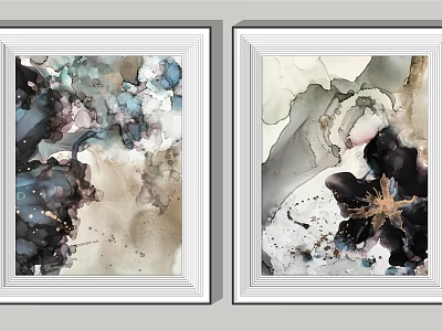Ink Style Abstract Paintings With Blue Gray Beige Black Gold Tones And White Framed Wall Art 3d model