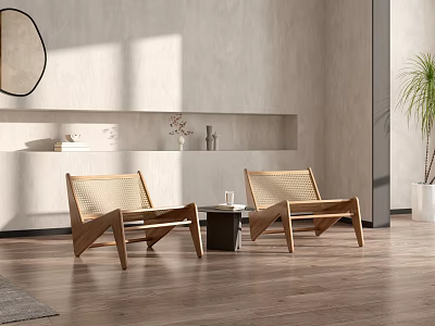 Modern Rattan Chair With Wooden Frame And Coffee Table Set In Minimalist Living Room 3d model