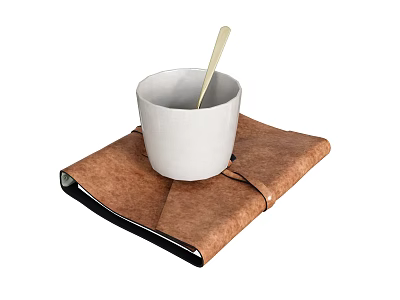 Stylish White Cup With Golden Spoon On Closed Brown Leather Notebook 3d model