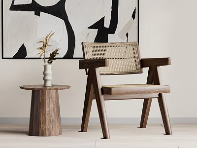 Stylish Wooden Frame Leisure Chair With Woven Backrest And Side Table In Modern Living Room 3d model