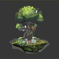 Lush Green Tree With Brown Trunk Grass Mushrooms And Small Animals On Floating Island