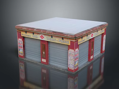 Small Commercial Building with White Roof Red Border Roller Shutters and Tobacco Post Office Signboards 3d model