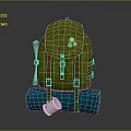 Green Backpack With Blue Rolled Mat Silver Cup And Hiking Travel Accessories