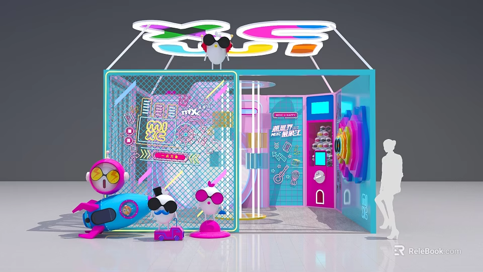 Interactive Transparent Glass Booth With Colorful Neon Decorations And Cartoon Characters 3d model