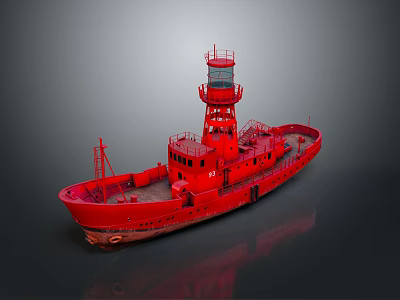 Red Water Transport Ship With Lighthouse Tower And Deck Structure Design 3d model
