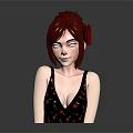 3D Female Character Model With Short Brown Hair Red Flower And Strawberry Pattern Tank Top
