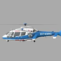 Blue and White Police Helicopter with Rotating Rotor Blades and Police Insignia