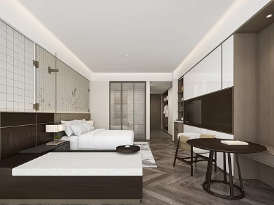 Modern Hotel Guest Room Interior With Comfortable Bed Nightstand Area Rug And Wooden Table Chairs 3d model