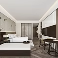 Modern Hotel Guest Room Interior With Comfortable Bed Nightstand Area Rug And Wooden Table Chairs