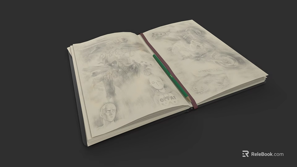 Detailed Game and Movie Character Sketches in Open Sketchbook with Green Pen 3d model 