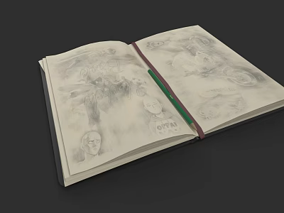 Detailed Game and Movie Character Sketches in Open Sketchbook with Green Pen 3d model