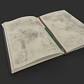 Detailed Game and Movie Character Sketches in Open Sketchbook with Green Pen