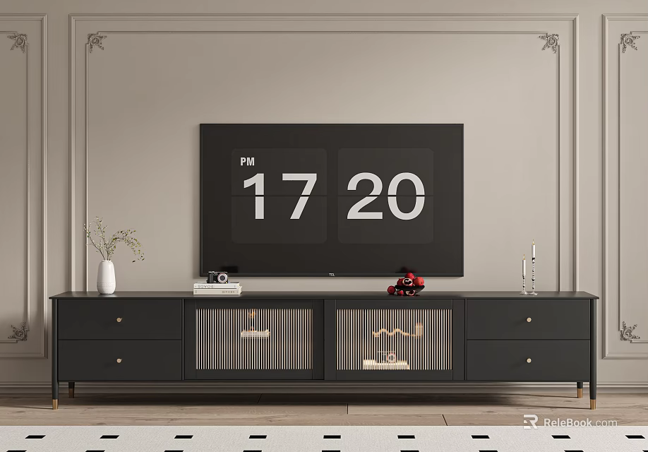 Modern TV Stand With Drawers Striped Doors TV And Decorative Items 3d model 