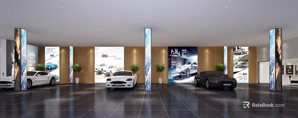4S Dealership Showroom Interior With Displayed Cars Posters Green Plants And Decorative Columns 3d model 