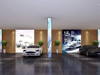 4S Dealership Showroom Interior With Displayed Cars Posters Green Plants And Decorative Columns 3d model