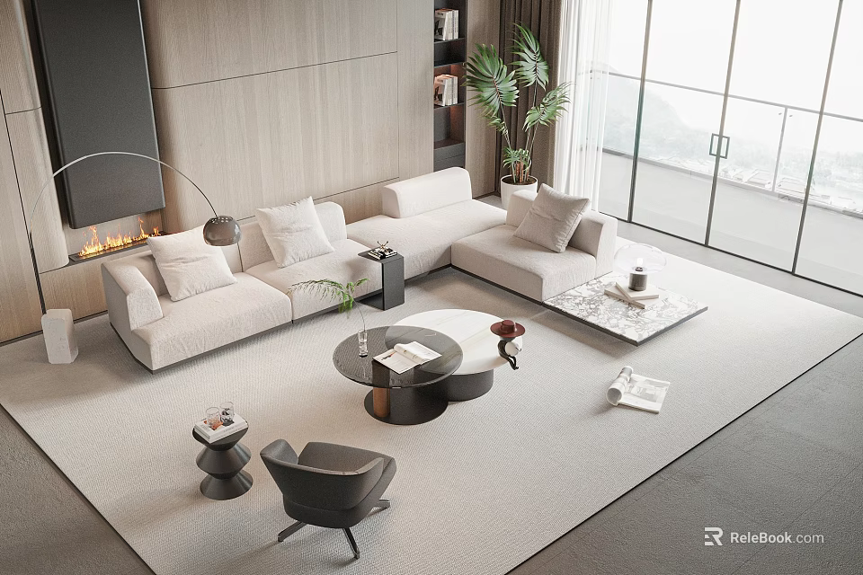 Modern Living Room Interior With L Shaped Sofa And Coffee Table Set Floor Lamp Potted Plant Large Window 3d model 