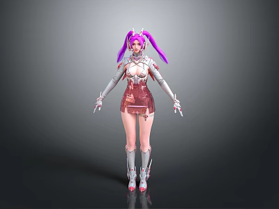 Futuristic Female Character 3D Model With Pink Pigtails And Silver Armor 3d model