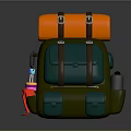 Green Outdoor Backpack With Orange Top Brown Straps Red Flag And Multiple Side Pockets 3d model