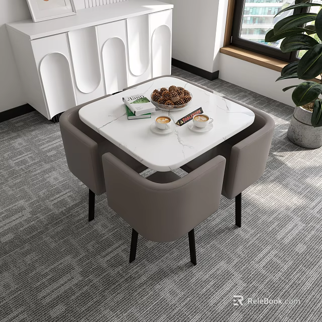Modern White Square Table With Gray Chairs Set In Lounge Area Featuring Cookies Coffee Cups 3d model 