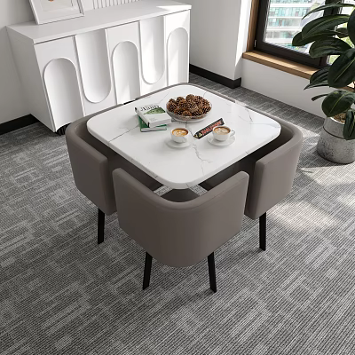 Modern White Square Table With Gray Chairs Set In Lounge Area Featuring Cookies Coffee Cups 3d model