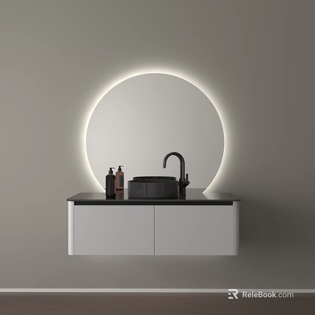 Modern Bathroom Vanity With Circular Backlit Mirror Black Faucet And White Cabinet 3d model 