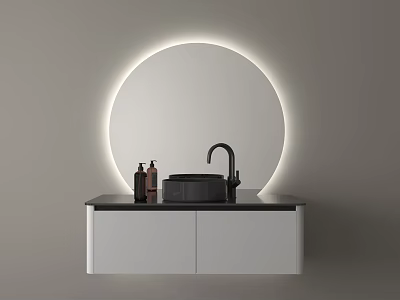 Modern Bathroom Vanity With Circular Backlit Mirror Black Faucet And White Cabinet 3d model