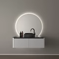 Modern Bathroom Vanity With Circular Backlit Mirror Black Faucet And White Cabinet
