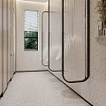 Public Restroom Interior With Three Washbasins Oval Mirrors And Pendant Light On Wooden Walls