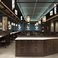 Traditional Chinese Restaurant Interior With Wooden Tables And Hanging Lantern Decorations