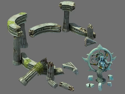 Ancient Ruined Stone Columns With Moss Covered Circular Structure And Statue Fragments 3d model