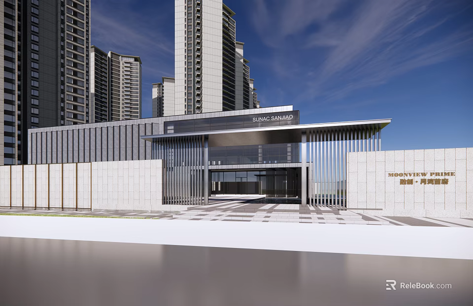 Modern High Rise Residential Building Exterior With Glass Entrance And Metal Facade Design 3d model 