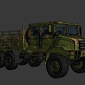 Camouflage Military Utility Truck with Open Flatbed Cargo Bed and Multiple Off-Road Wheels Design