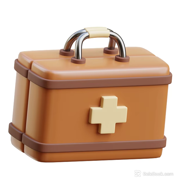 Brown Medical First Aid Kit With White Cross And Metal Handle Design 3d model 