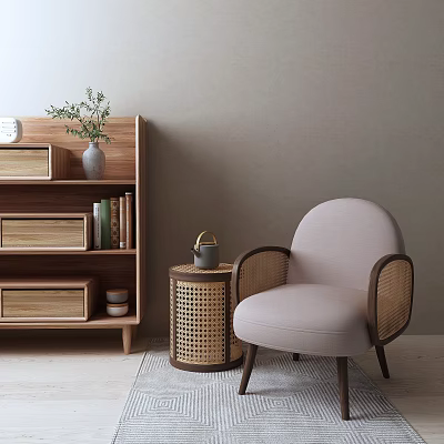 Light Gray Accent Chair with Wooden Arms Rattan Side Table Green Plant and Wooden Bookshelf 3d model