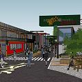 Modern Commercial Street with Glass Buildings Green Trees Red Telephone Booth Pedestrians and Decorative Installations